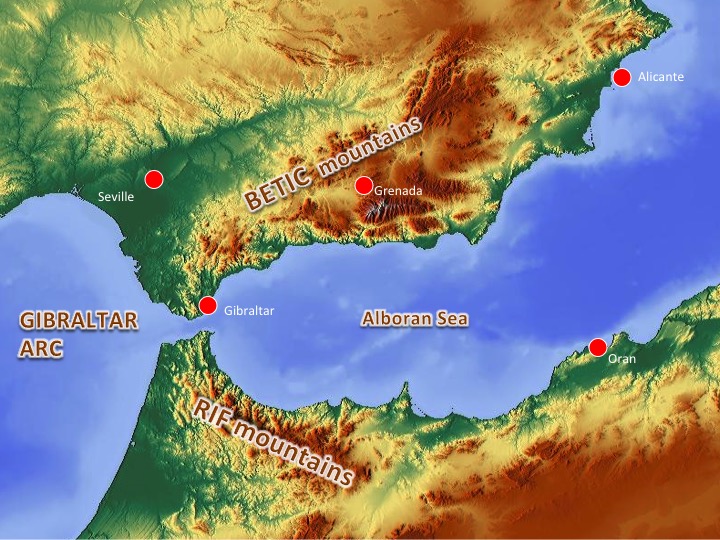 A map of southern Spain showing the Betic mountains, Rif mountains, Alboran Sea and Gibraltar Arc
