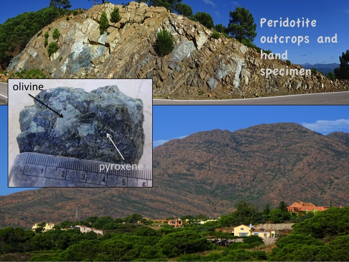 Ronda peridotite outcrops and hand specimens